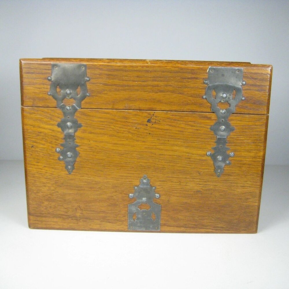 Antique Wooden Box Ornate Metal Hinges Latch Hand Made Crafted Lidded